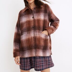 Madewell Brushed Plaid‎ Knit Oversized Shirt Jacket Shacket in Faded Fig